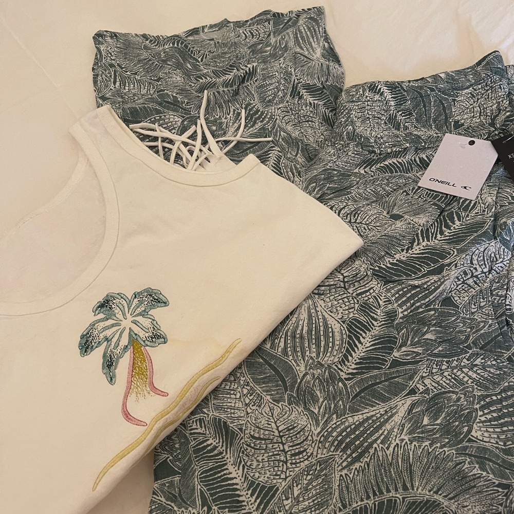 O’Neill Green Palm Print Johnny  Pants XL NWT Elastic Waist & Palm Fringe Bag - Picture 9 of 11